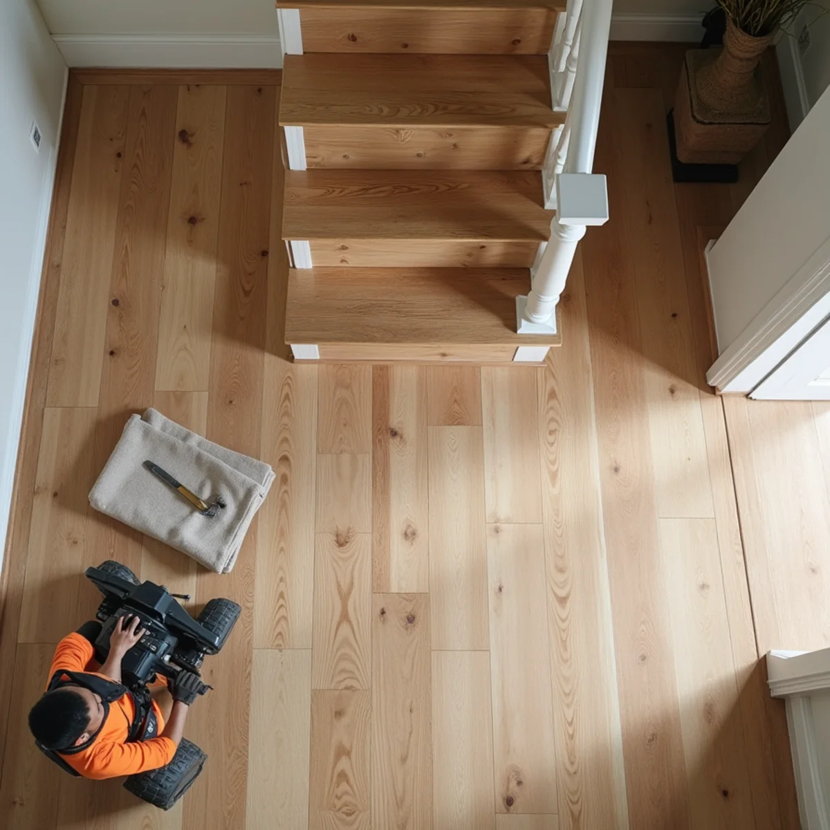 overview scene illustrating carpet to hardwood stairs