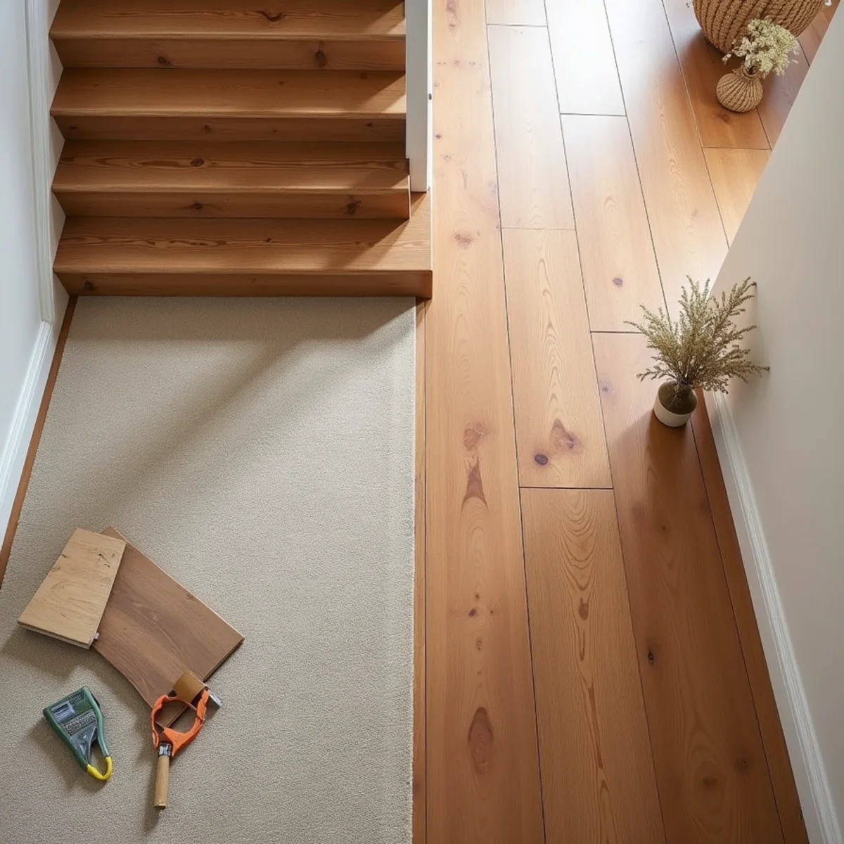 side by side comparison illustrating carpet to hardwood stairs