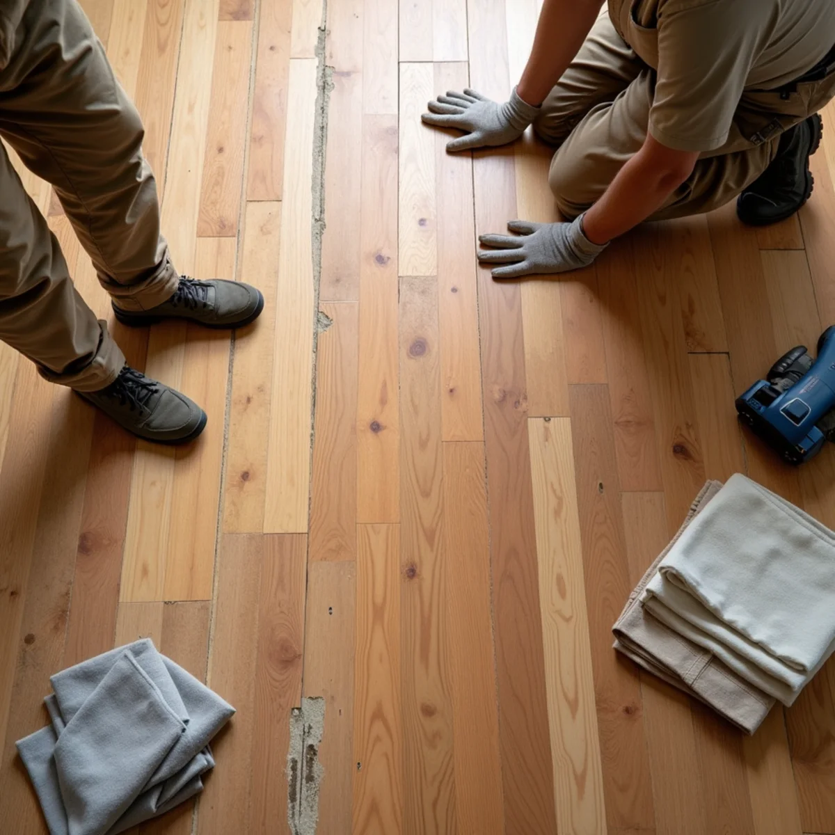 overview scene illustrating buckled hardwood floor repair