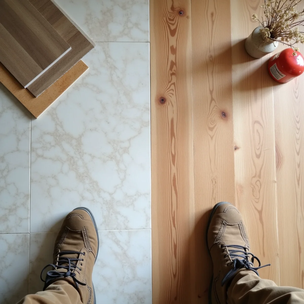 side by side comparison illustrating install LVP over tile