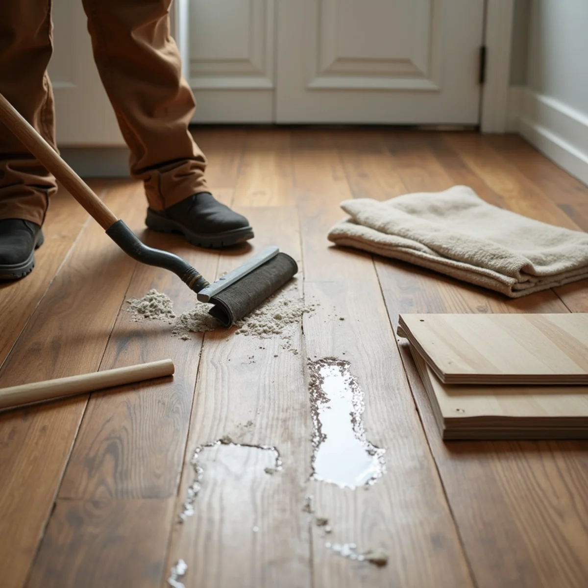 close up detail illustrating water damaged floor what to do