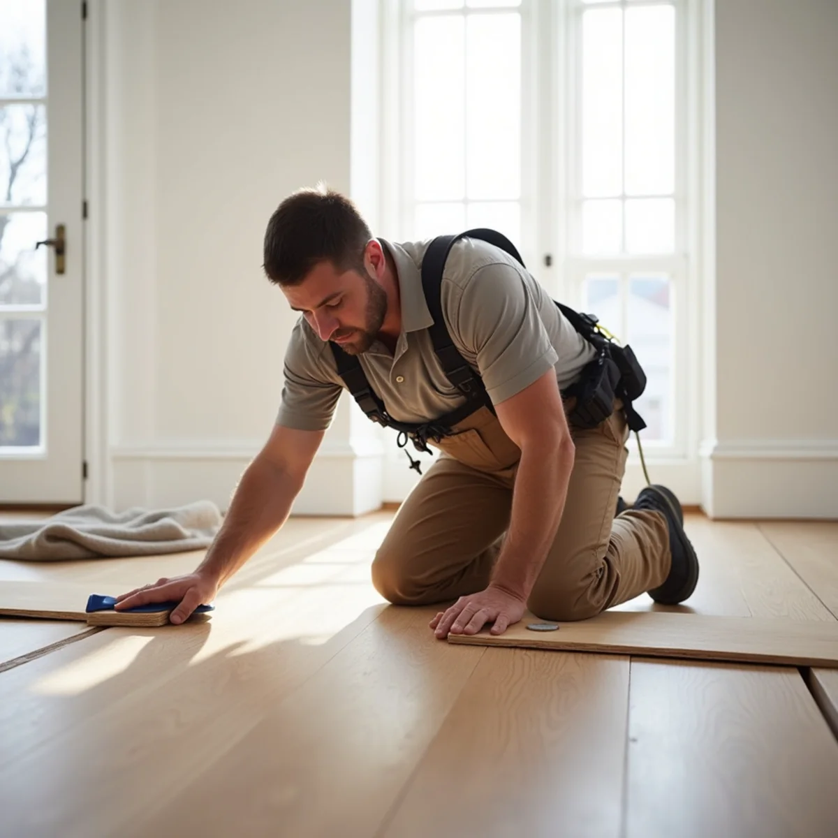 planks being set during buckled hardwood floor repair in Huntsville, AL