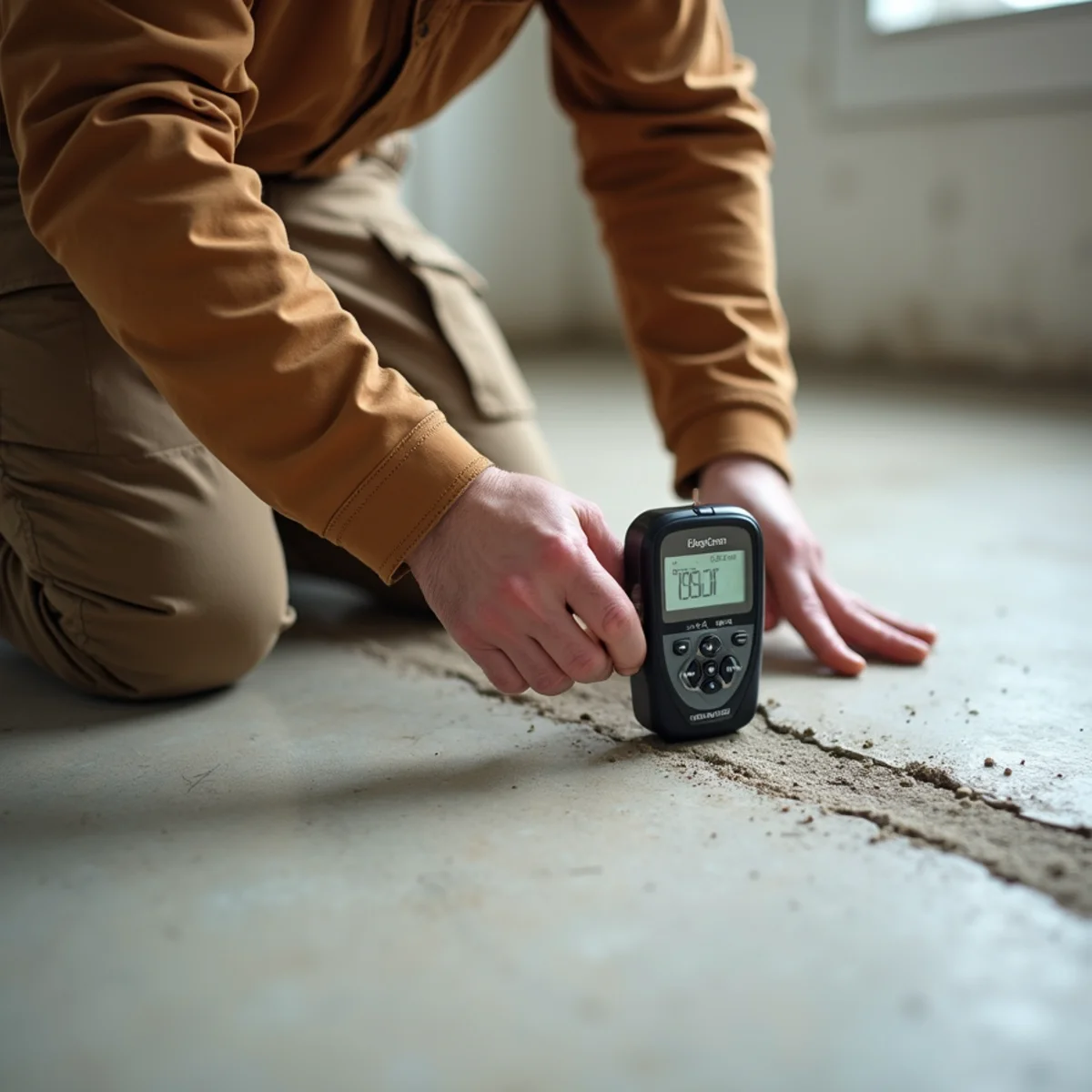 subfloor moisture reading during buckled hardwood floor repair in Huntsville, AL