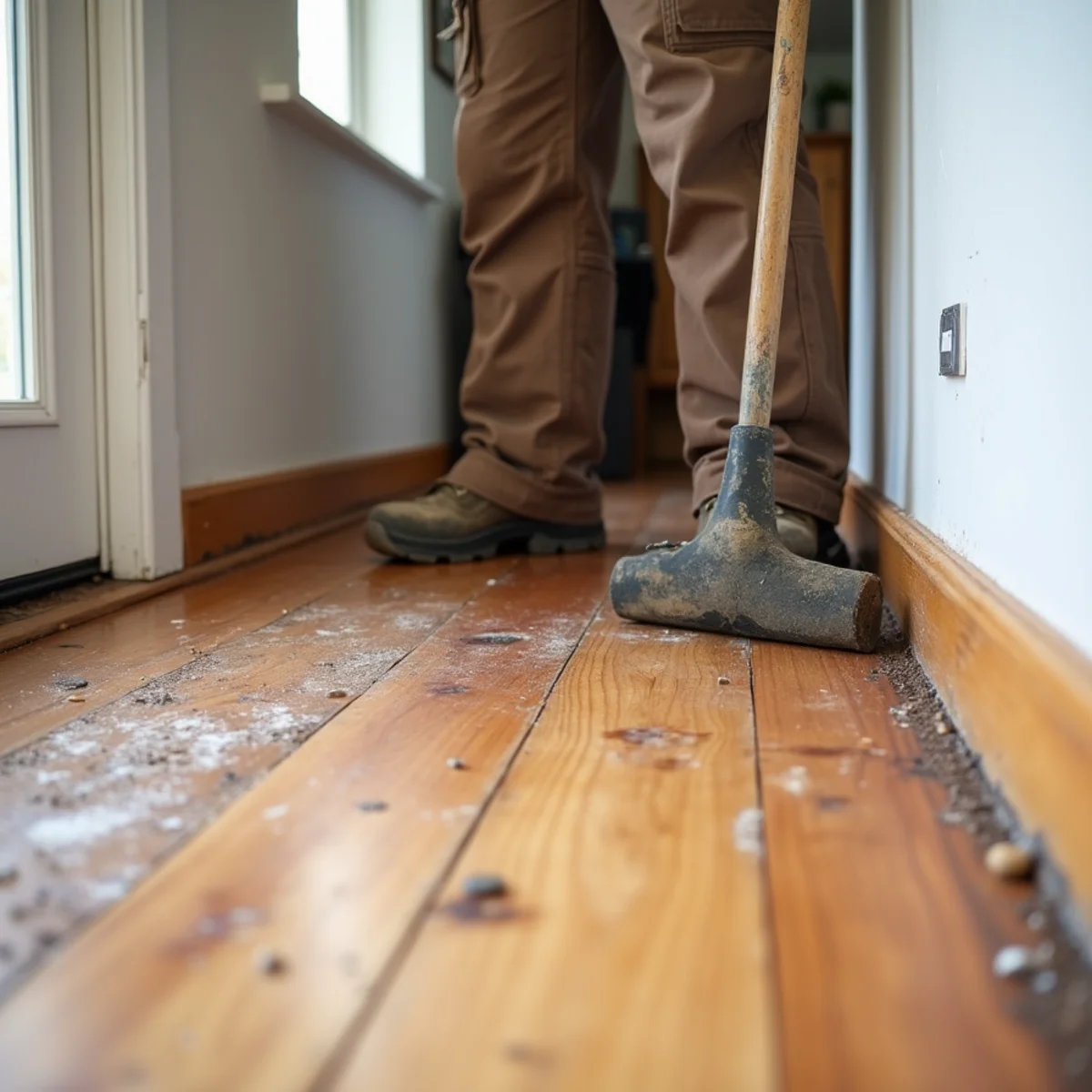 Buckled hardwood floor repair underway in a Huntsville, AL home