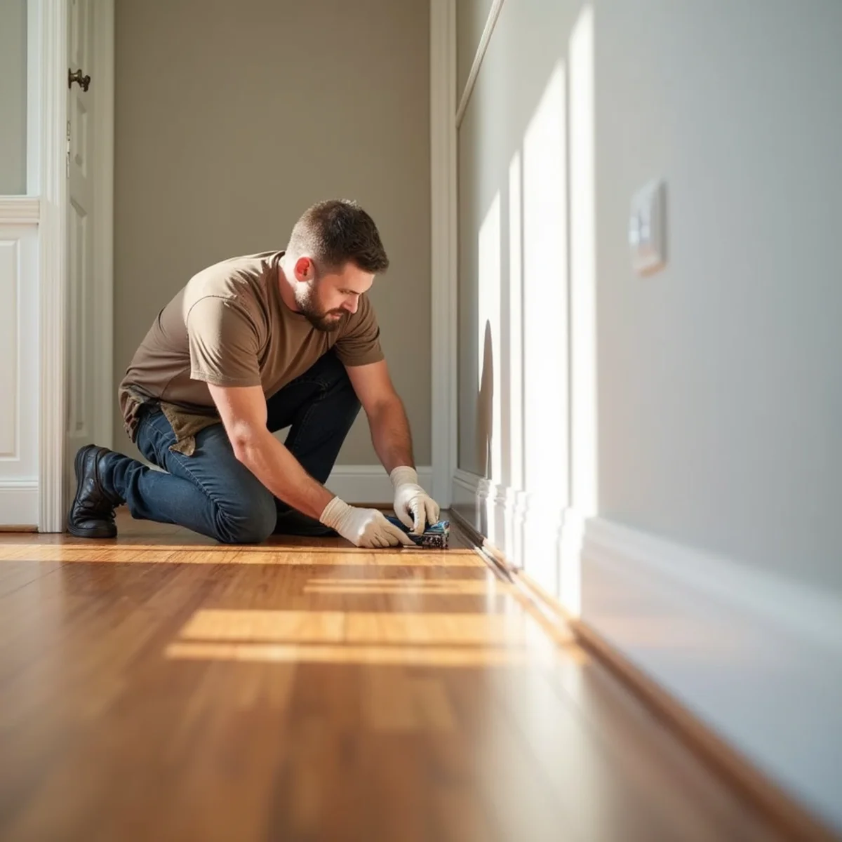 Hardwood floor refinishing underway in a Huntsville, AL home