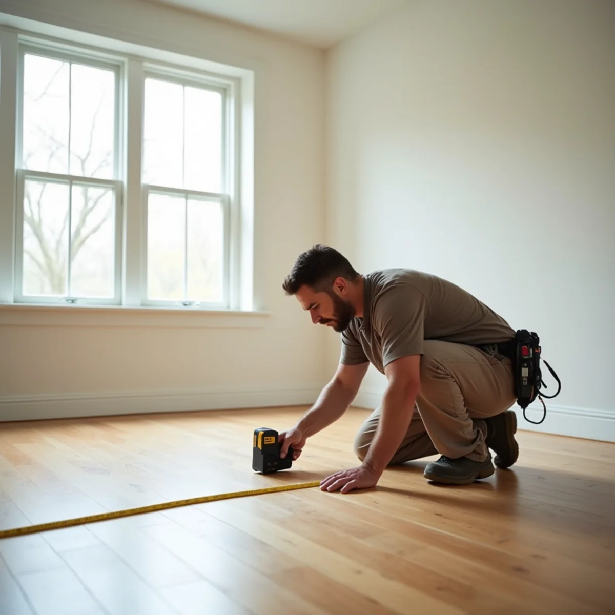 Flooring installer measuring a room in Triana, AL
